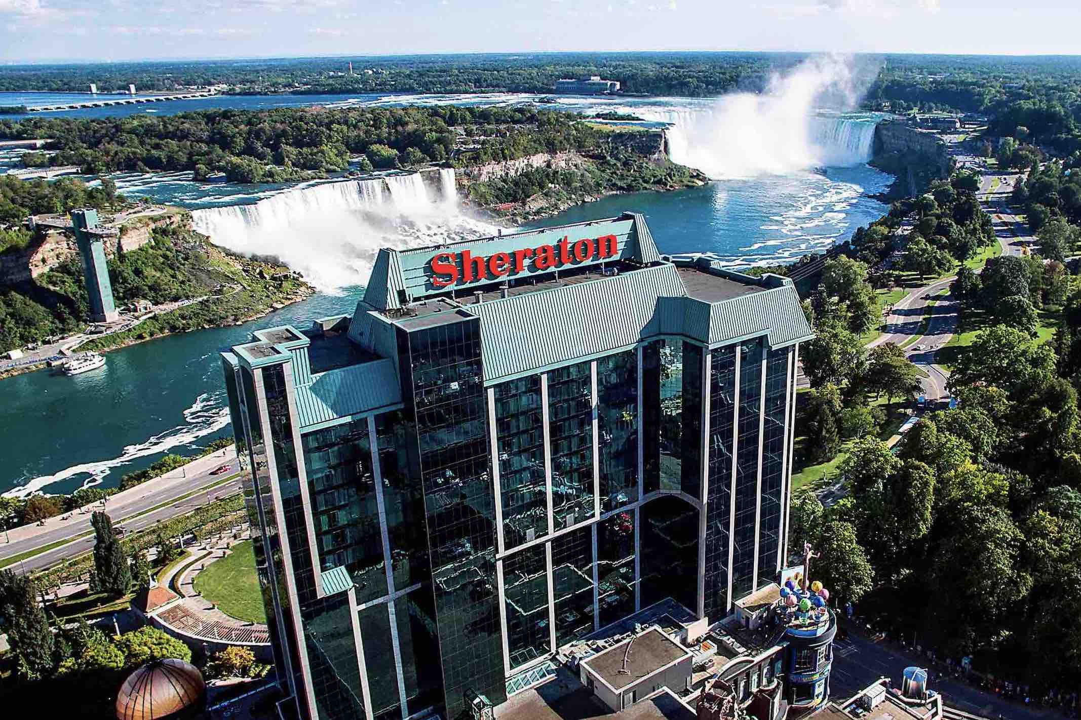 Sheraton on the Falls Hotel aerial view of luxury hotels in niagara falls with waterfalls in background